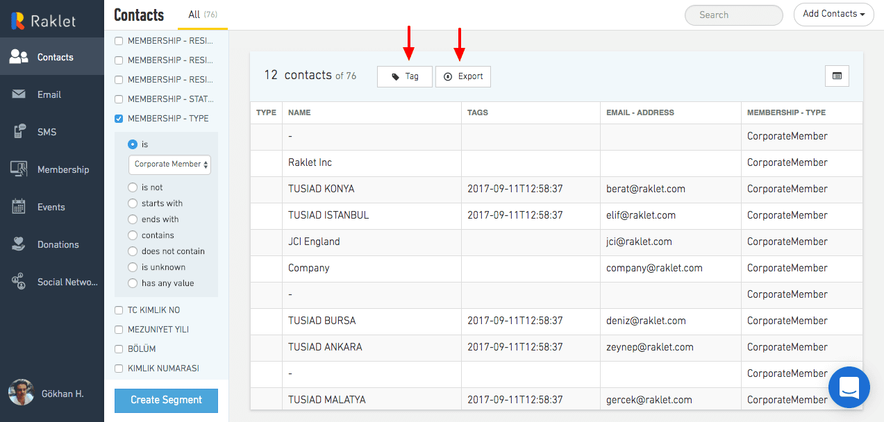 Our new contacts module, tags and export feature