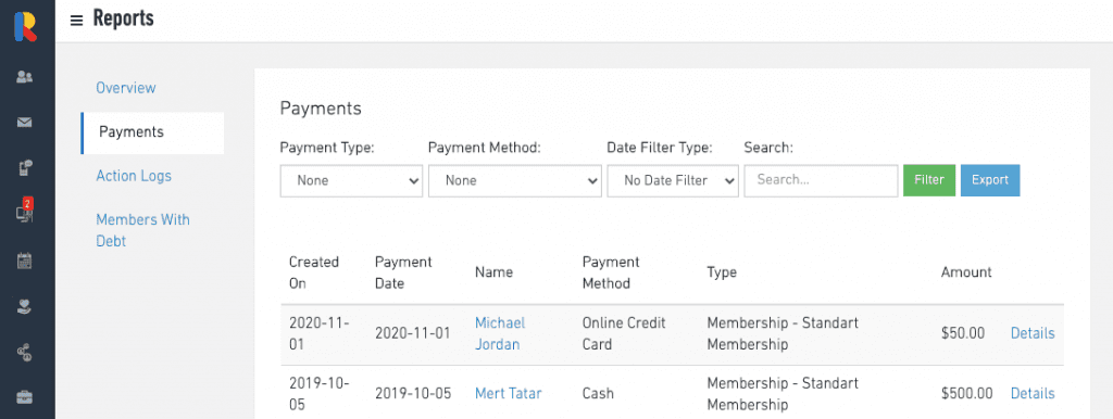 Membership Payments Search, Filter, Export