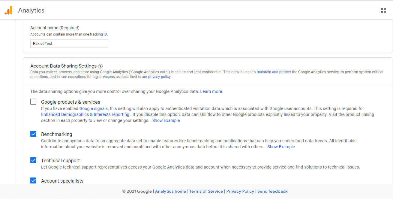 Google Analytics Data Sharing Settings