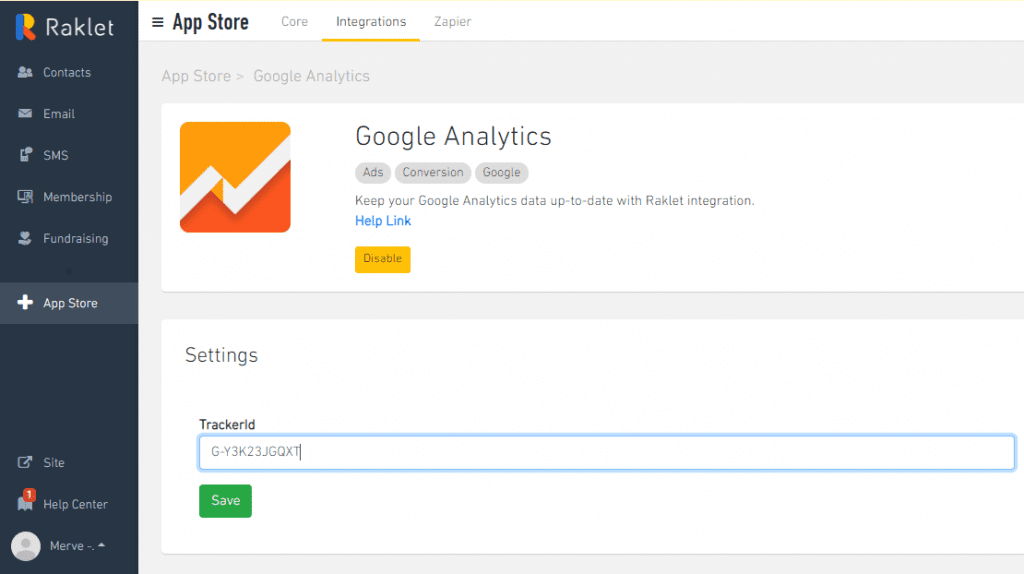 Enter Google Analytics ID to Raklet