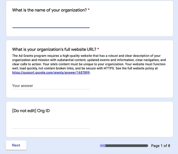 Google Ad Grant - Step 3 - First three form questions, name, url, ID