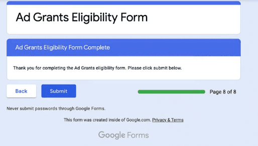 Google Ad Grant - Step 5 - Submit the form