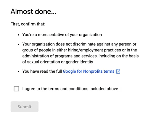 Google NonProfit Account - Step 13 - Terms and Conditions