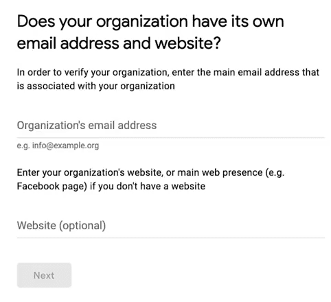 Google NonProfit Account - Step 9 - Organization Email and Website