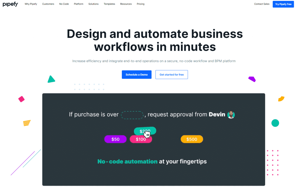 a no code platform software: Pipefy's website screenshot