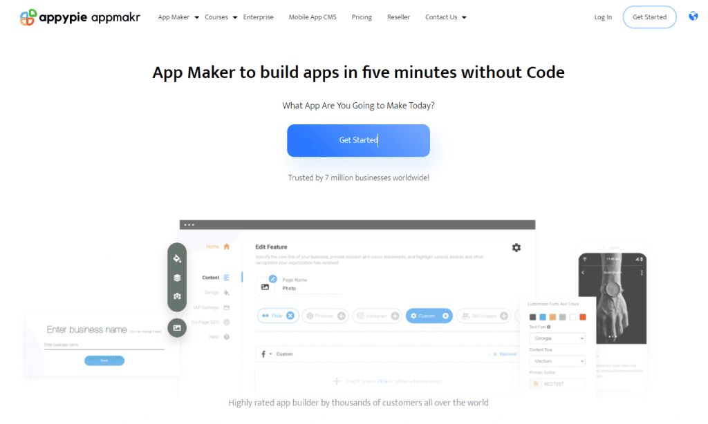 no code platform to build apps: appypie's website screenshot