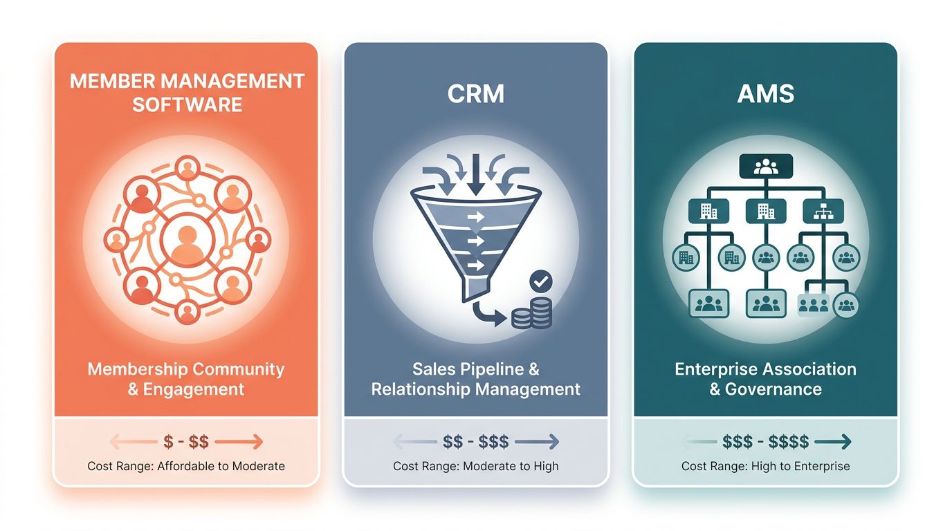 Infographic comparing member management software, CRM, and AMS across use case, typical user, cost, and complexity