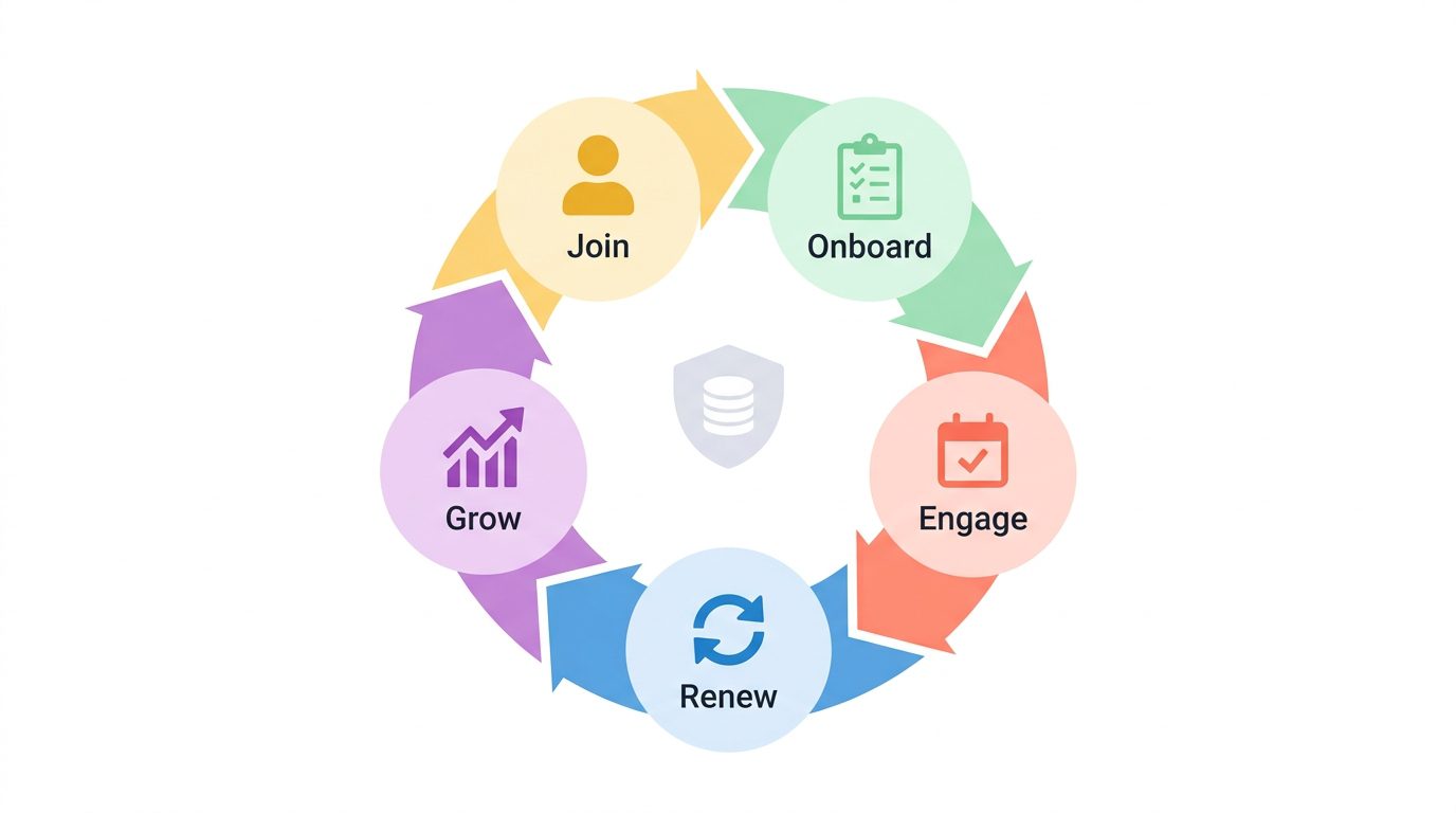 The member lifecycle diagram showing five stages: Join, Onboard, Engage, Renew, and Grow, powered by a central member management platform