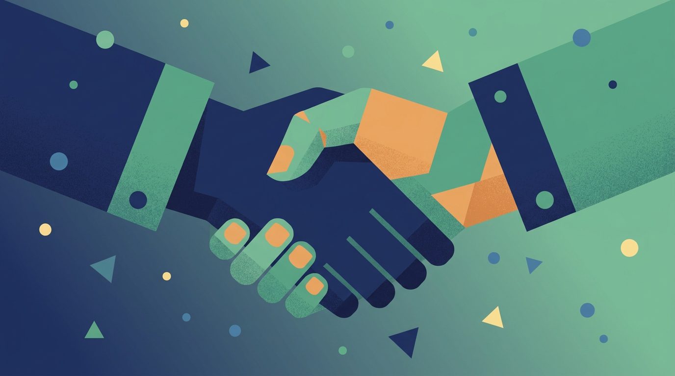 Abstract illustration of a corporate-nonprofit handshake in navy and teal, representing corporate sponsorship for nonprofits