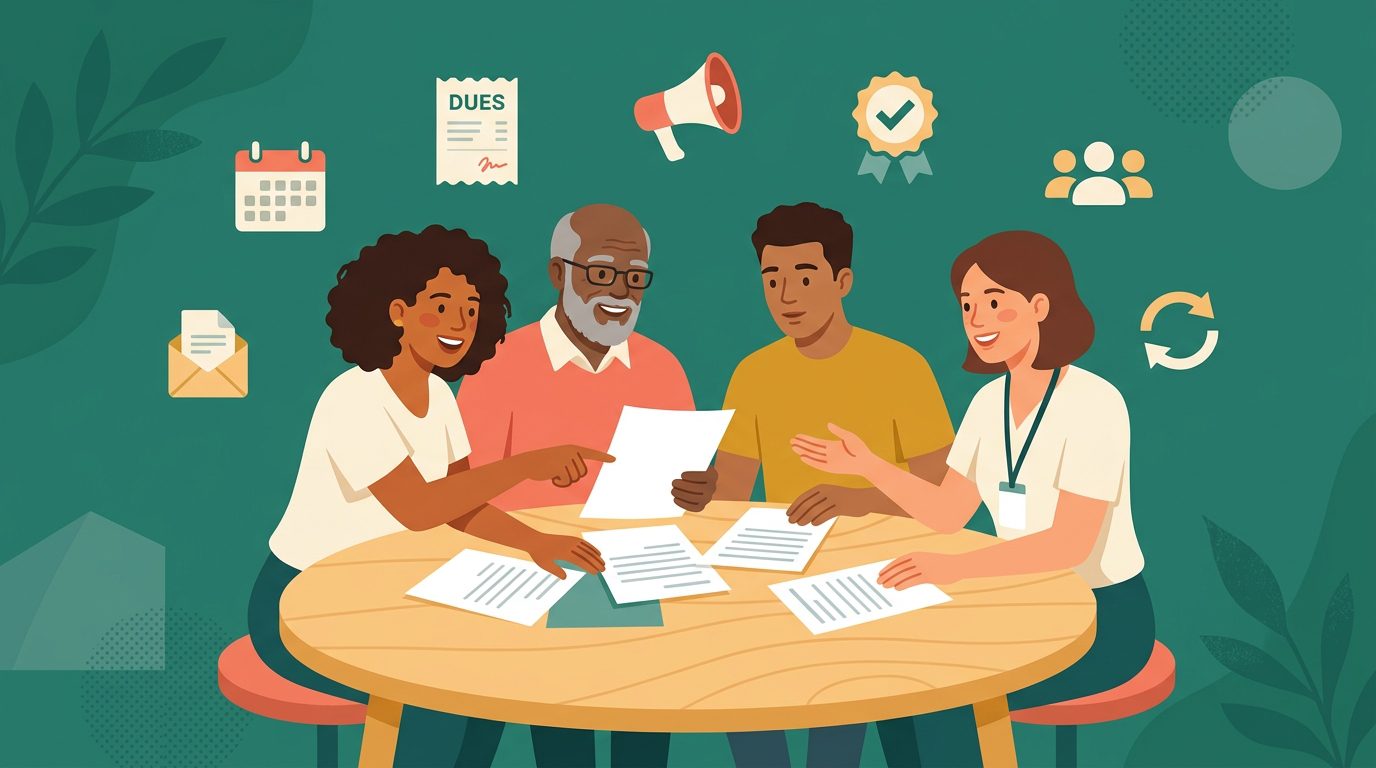 Diverse nonprofit team reviewing membership management software at a round table