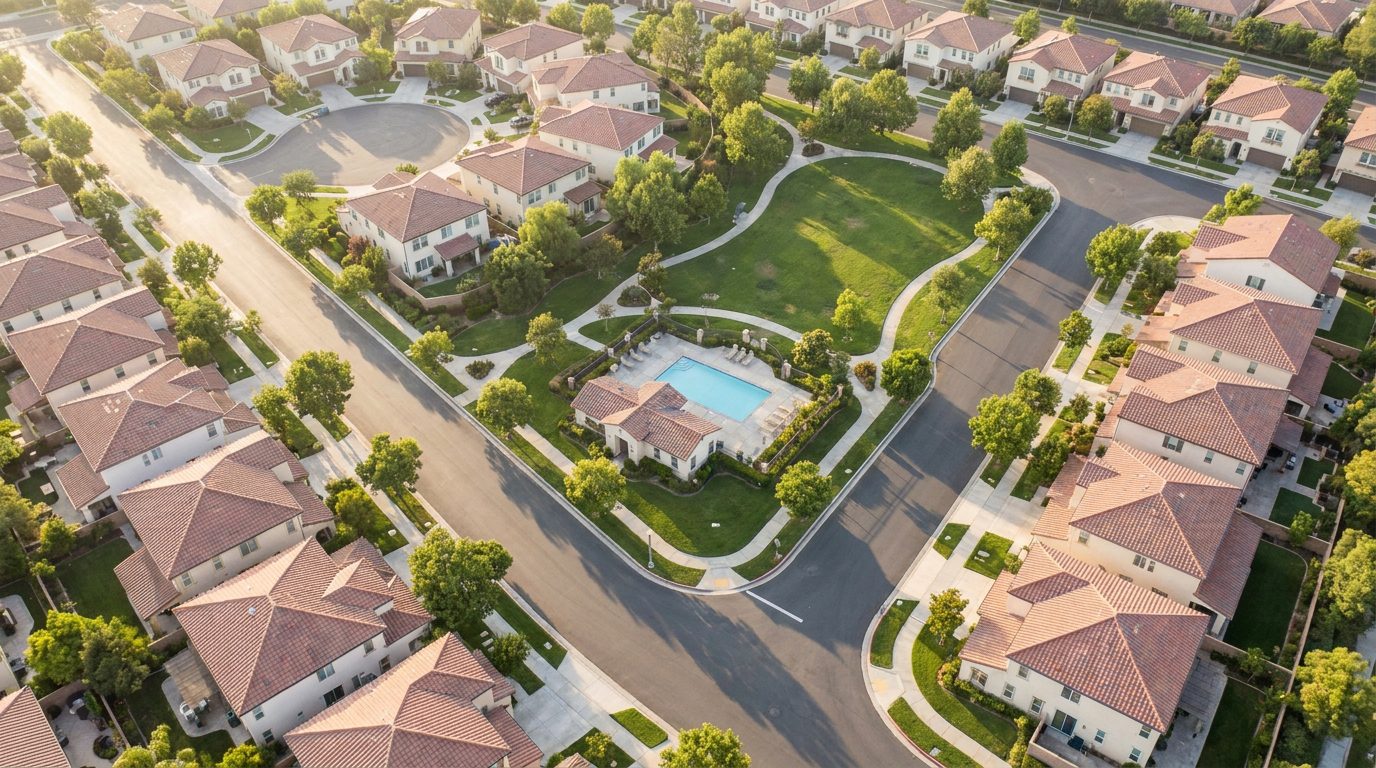 Aerial view of HOA neighborhood with rows of homes, shared green space, and community pool