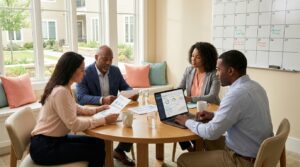 HOA board meeting with four diverse board members reviewing documents at a round table