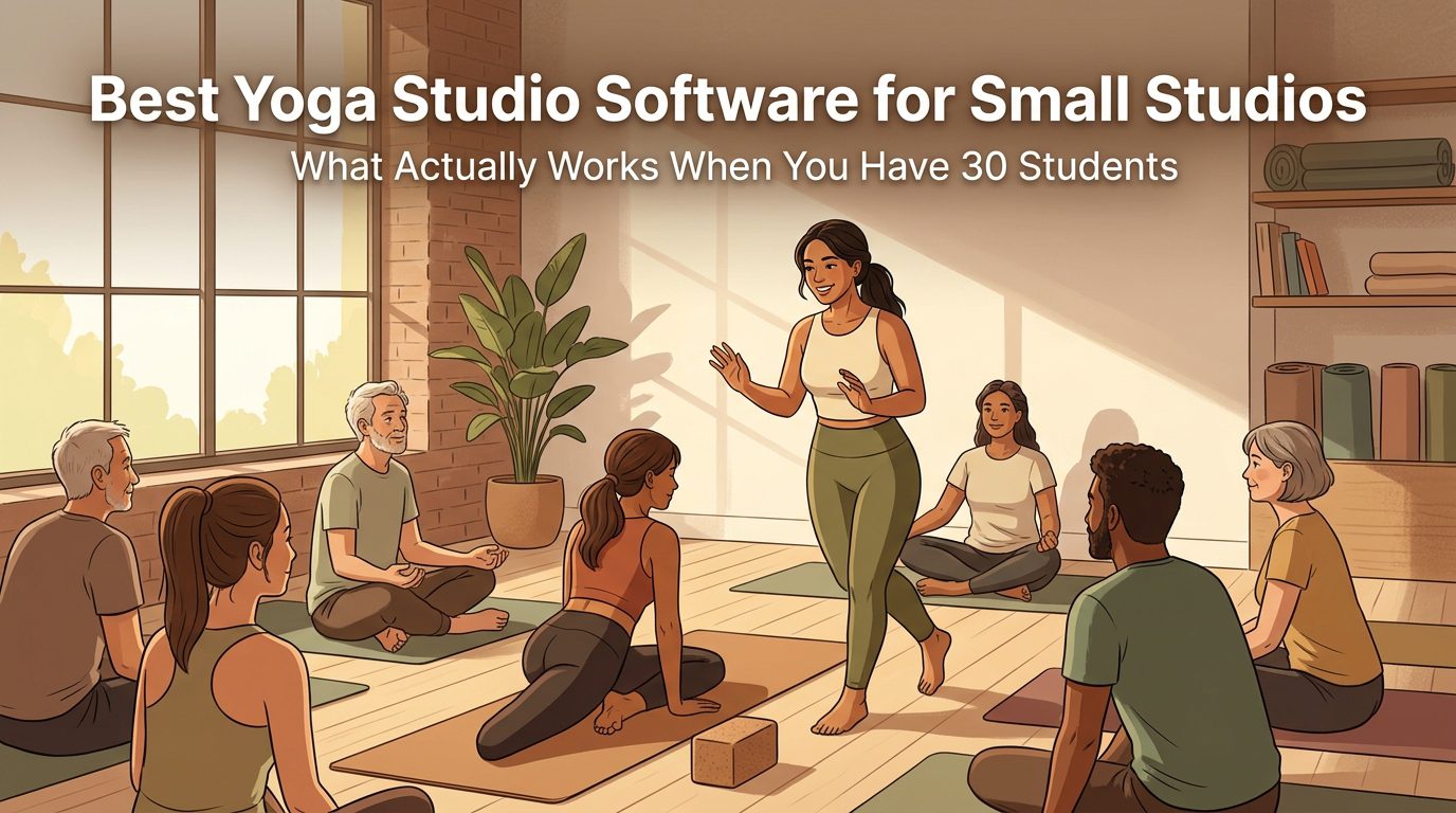 Small yoga studio owner with group of students in warm, intimate studio setting