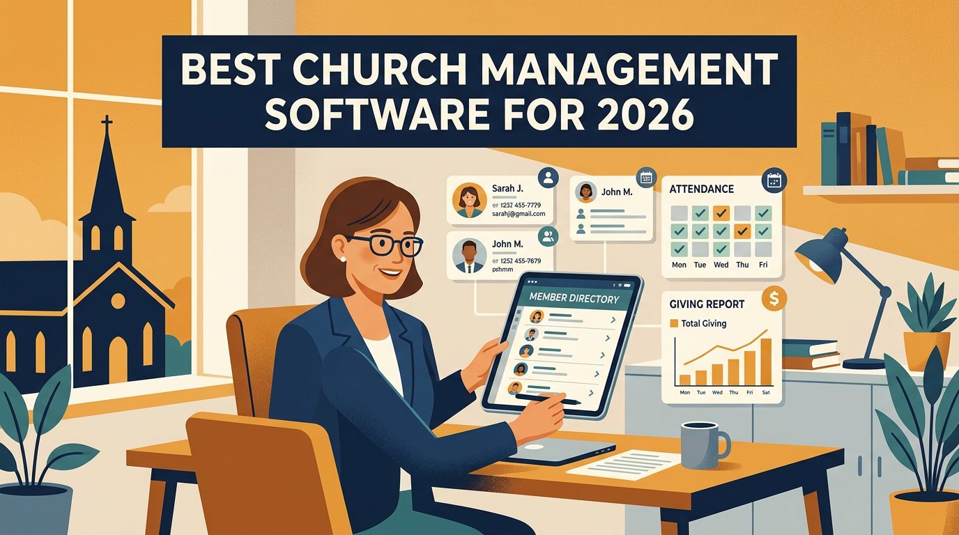 Church administrator reviewing digital member directory on a tablet — best church management software for 2026