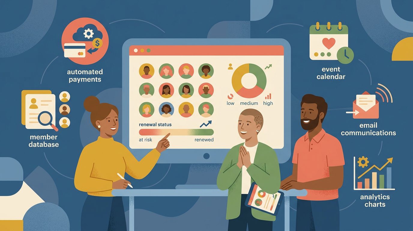 Illustrated guide to member management software showing community managers around a membership dashboard