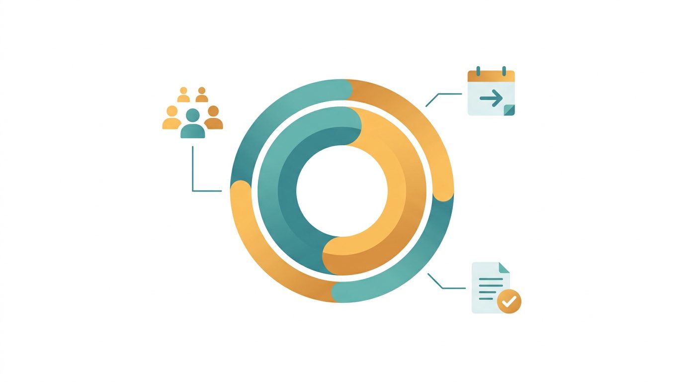 Illustrated graphic showing membership dues renewal cycle with community figures, calendar, and document icons in teal and amber on white background
