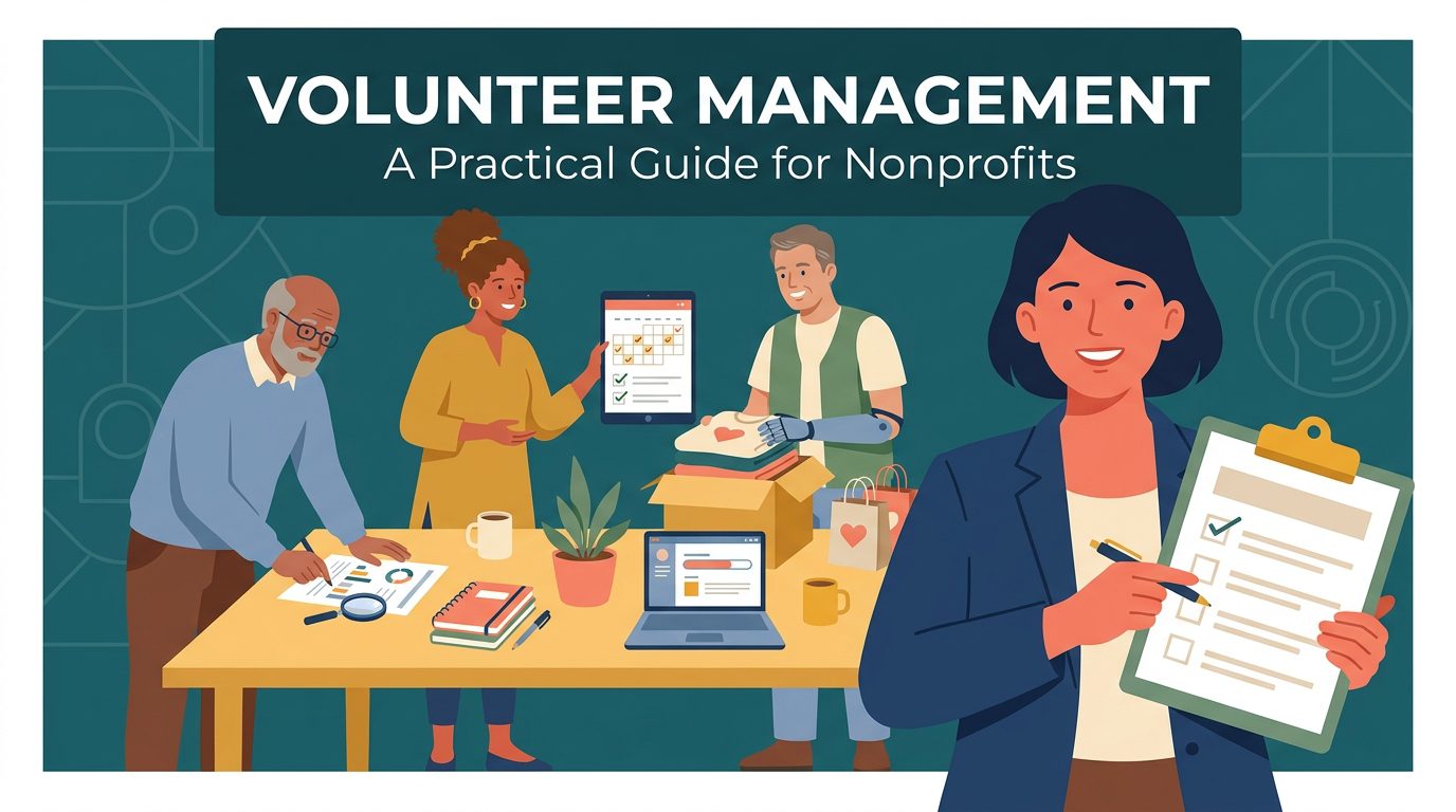 Volunteer management guide for nonprofits: coordinator with clipboard leading a diverse volunteer team