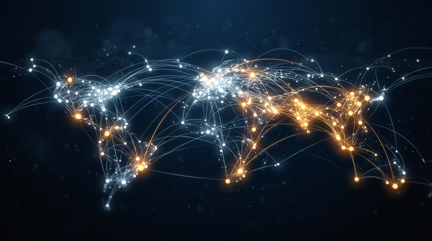 Abstract network visualization showing connected membership nodes, with amber dots indicating active members and white dots showing standard members on a dark blue background