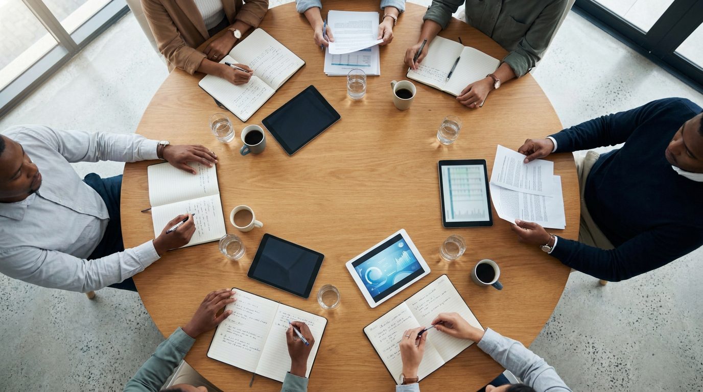 Aerial view of association management team meeting around a conference table
