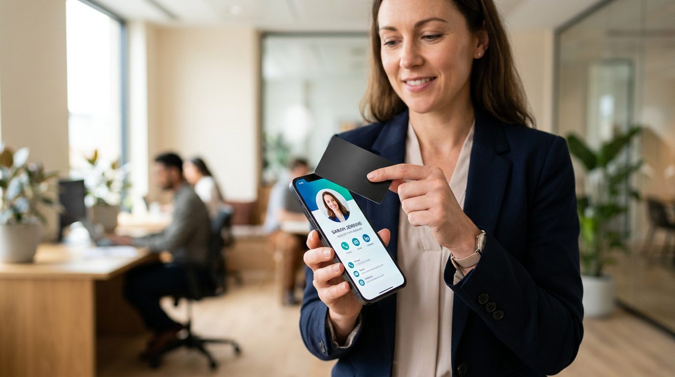 Professional tapping an NFC business card to an iPhone in a modern office
