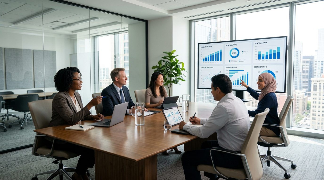 Five association professionals reviewing membership analytics dashboard in a modern conference room