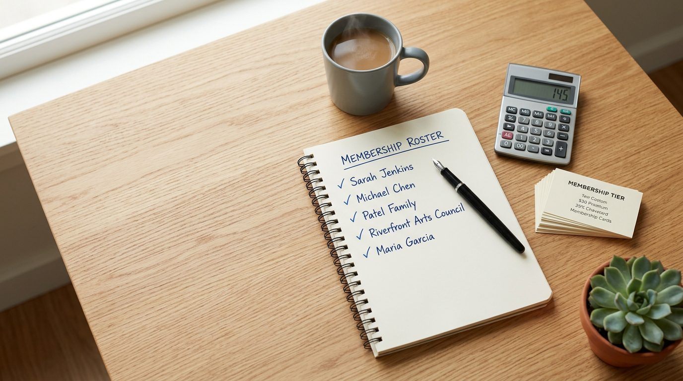 Membership roster notebook with calculator and tier cards on a desk