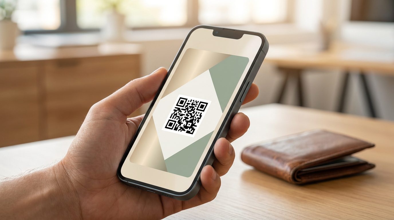 hand holding phone displaying digital membership card with QR code