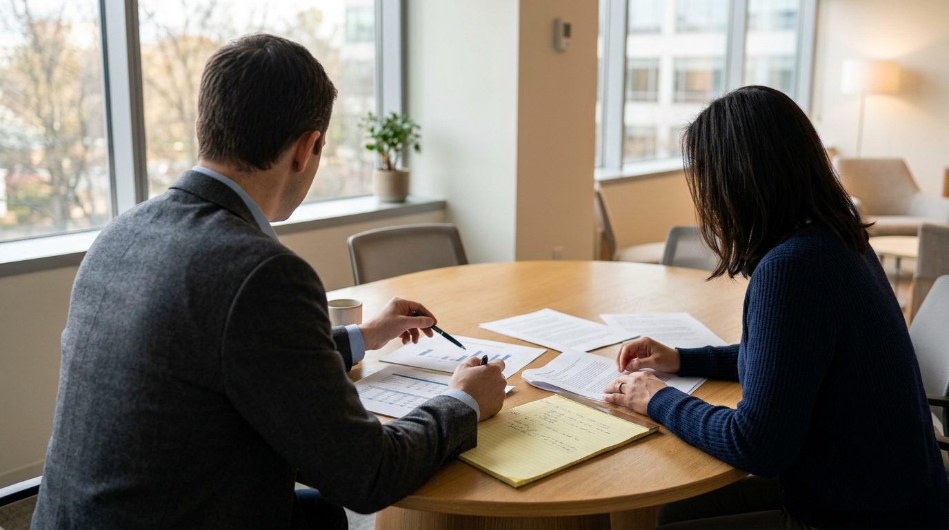 Two association board members reviewing management options at a conference table