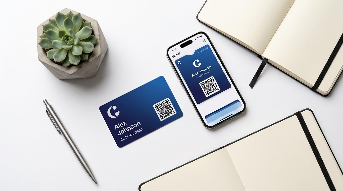 Flat-lay of a custom membership card next to a smartphone displaying a digital membership card, surrounded by office accessories on a white surface