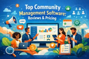 Top community management software: reviews and pricing — illustrated hero with team, dashboards, and feature icons
