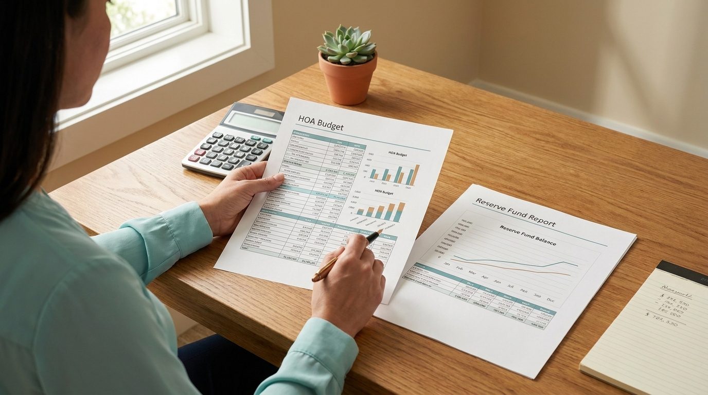 HOA board member reviewing budget spreadsheet and reserve fund report