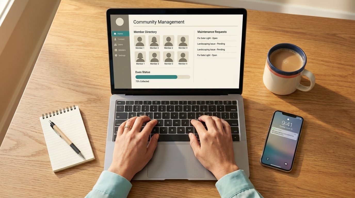 HOA management software community dashboard on laptop screen