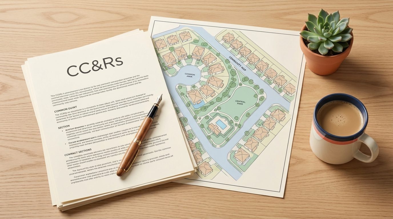 HOA management governing documents CC&Rs and community map illustration