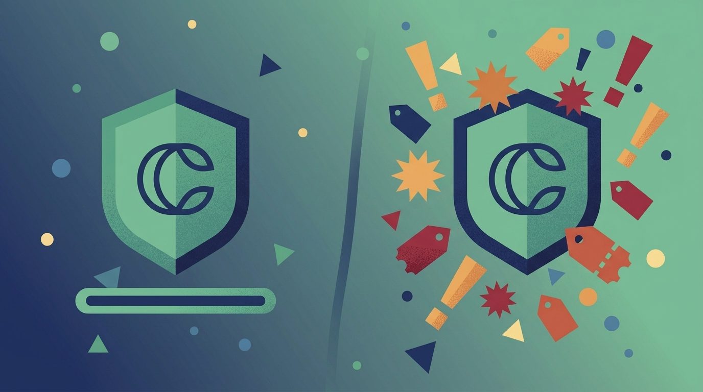 Abstract illustration showing the difference between qualified sponsorship acknowledgment (simple logo display) and advertising (promotional clutter) for IRS Section 513(i) compliance