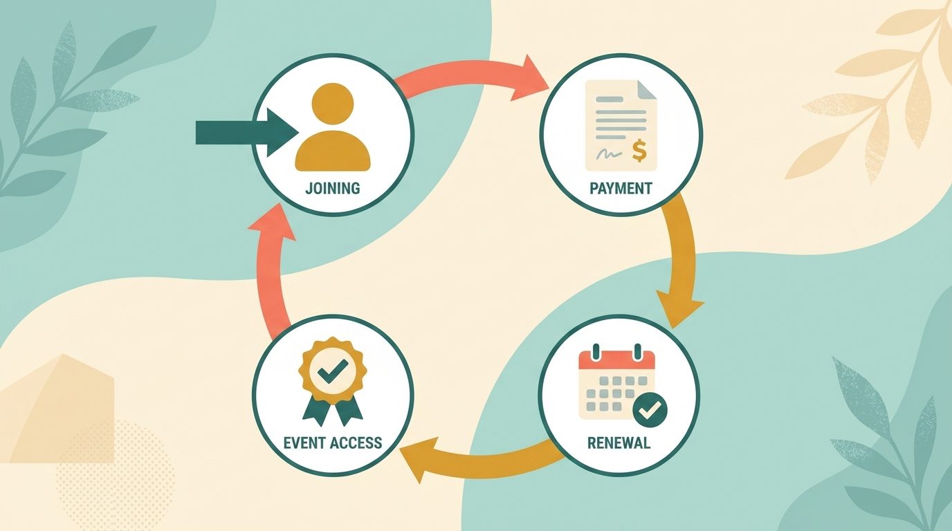 Membership management software lifecycle diagram: joining, payment, renewal, event access