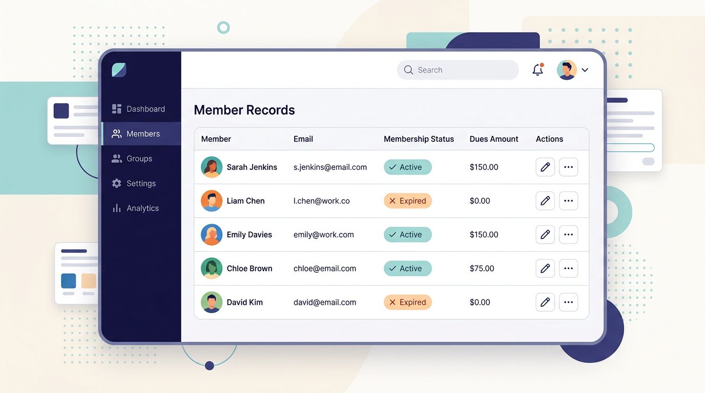 Membership management admin dashboard showing member profiles, renewal status, and payment history in a clean interface