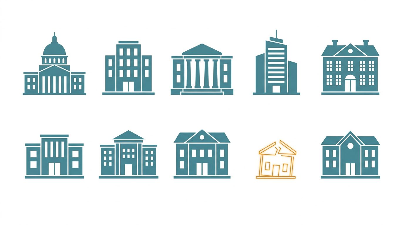 Infographic of 10 organization buildings, 9 teal and 1 amber, illustrating that only 1 in 10 associations sees a renewal rate decline after raising membership dues