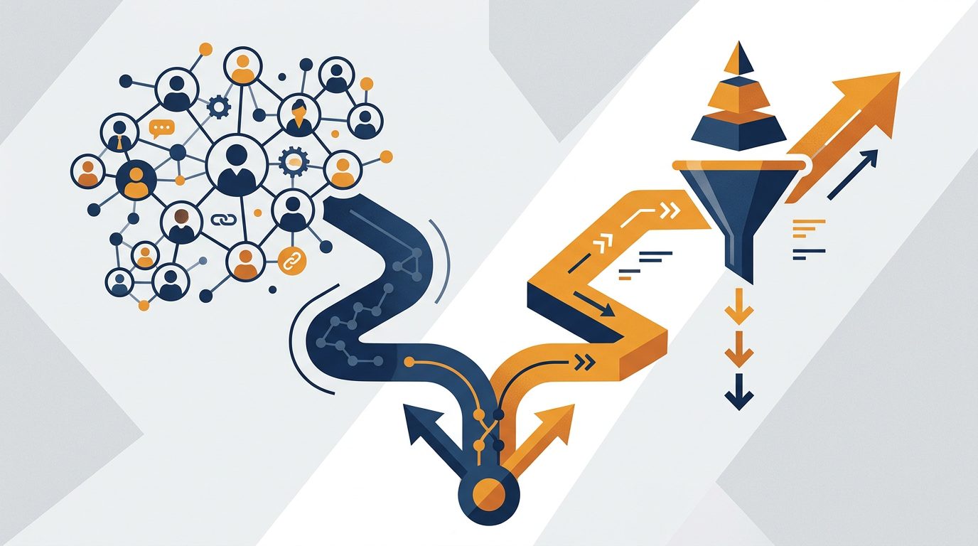 Illustration comparing AMS vs CRM: two diverging paths, membership management network on left, sales pipeline funnel on right