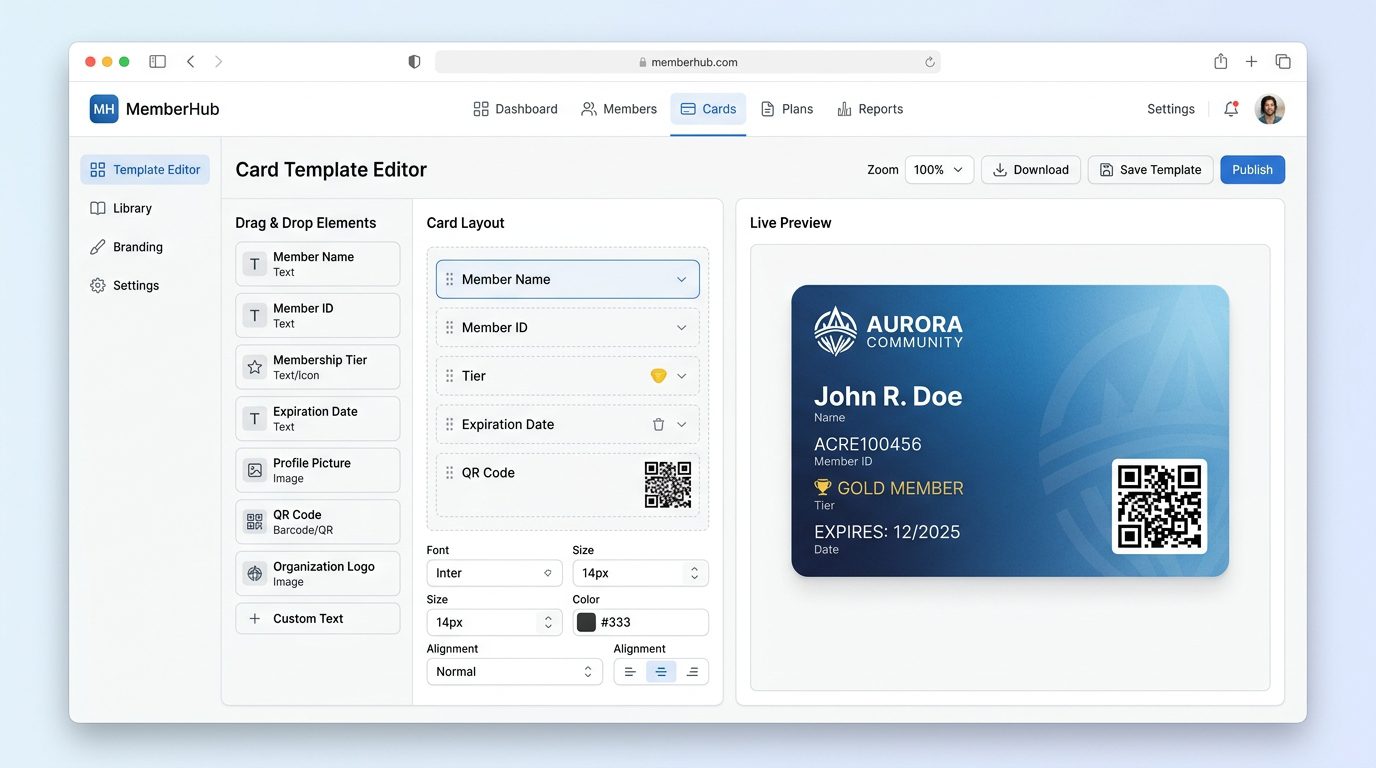 Membership card builder software showing a drag-and-drop card template editor with live preview