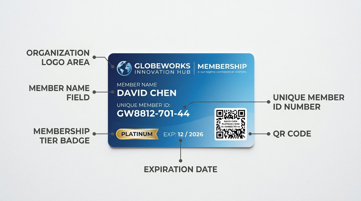 Annotated custom membership card layout showing required fields: member name, ID, tier, expiry, and QR code