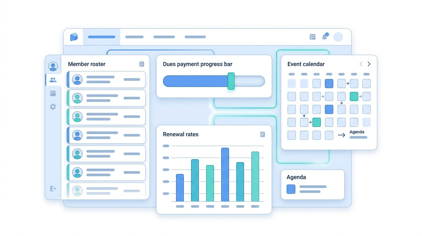 AMS software dashboard showing member roster, dues payment tracker, event calendar, and renewal rate chart