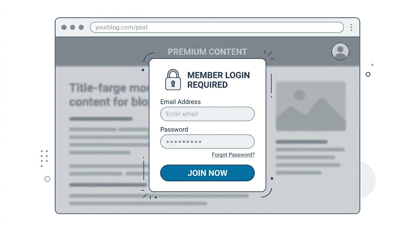 A WordPress membership site showing a login gate overlay that blocks content from non-members, with a sign-in form in the center