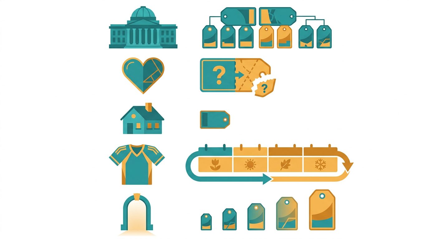 Infographic showing five organization types and their dues structures: association with tiered pricing, nonprofit with partial deductibility, club with flat low dues, sports league with seasonal calendar, faith community with sliding scale