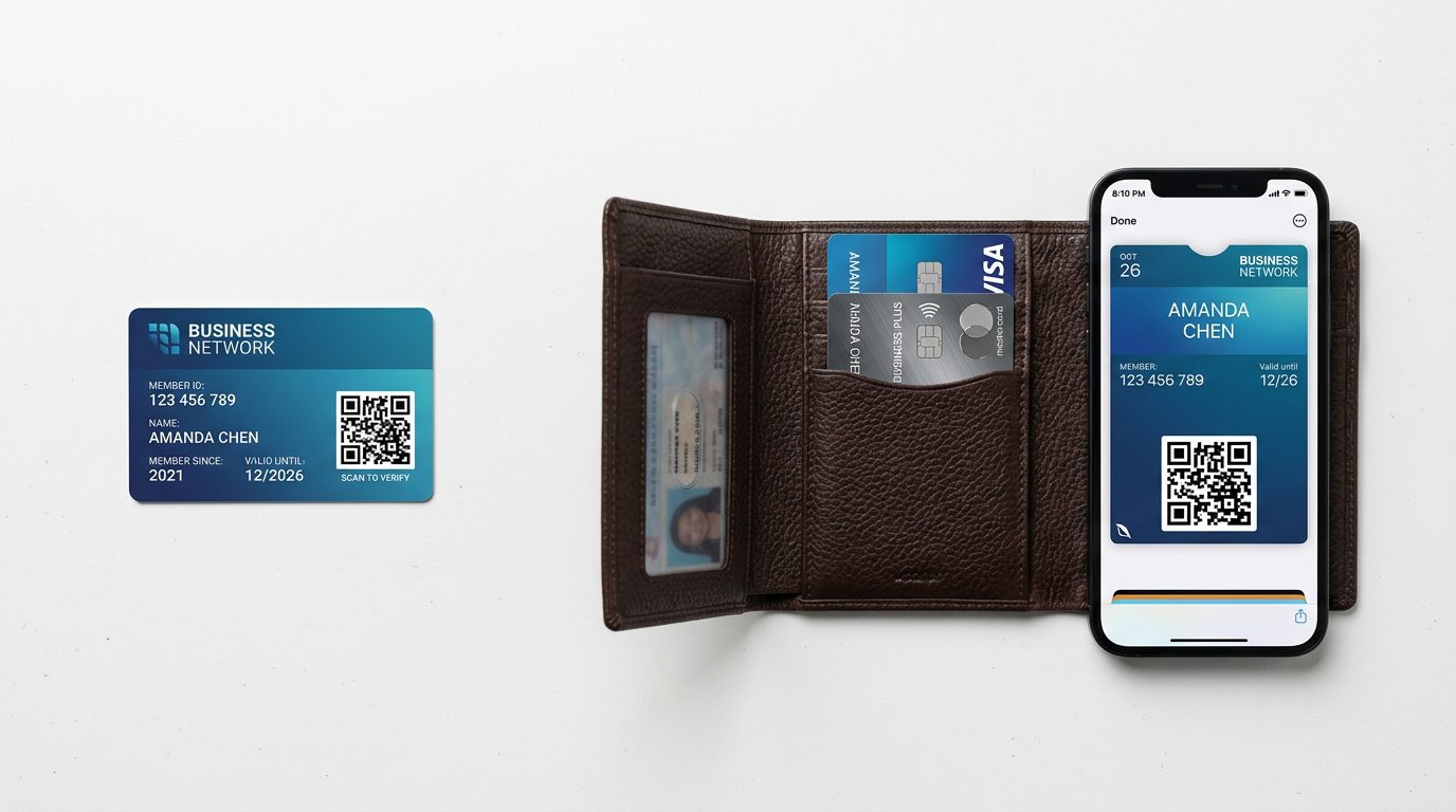 Physical membership card next to a wallet and smartphone showing a digital Apple Wallet pass