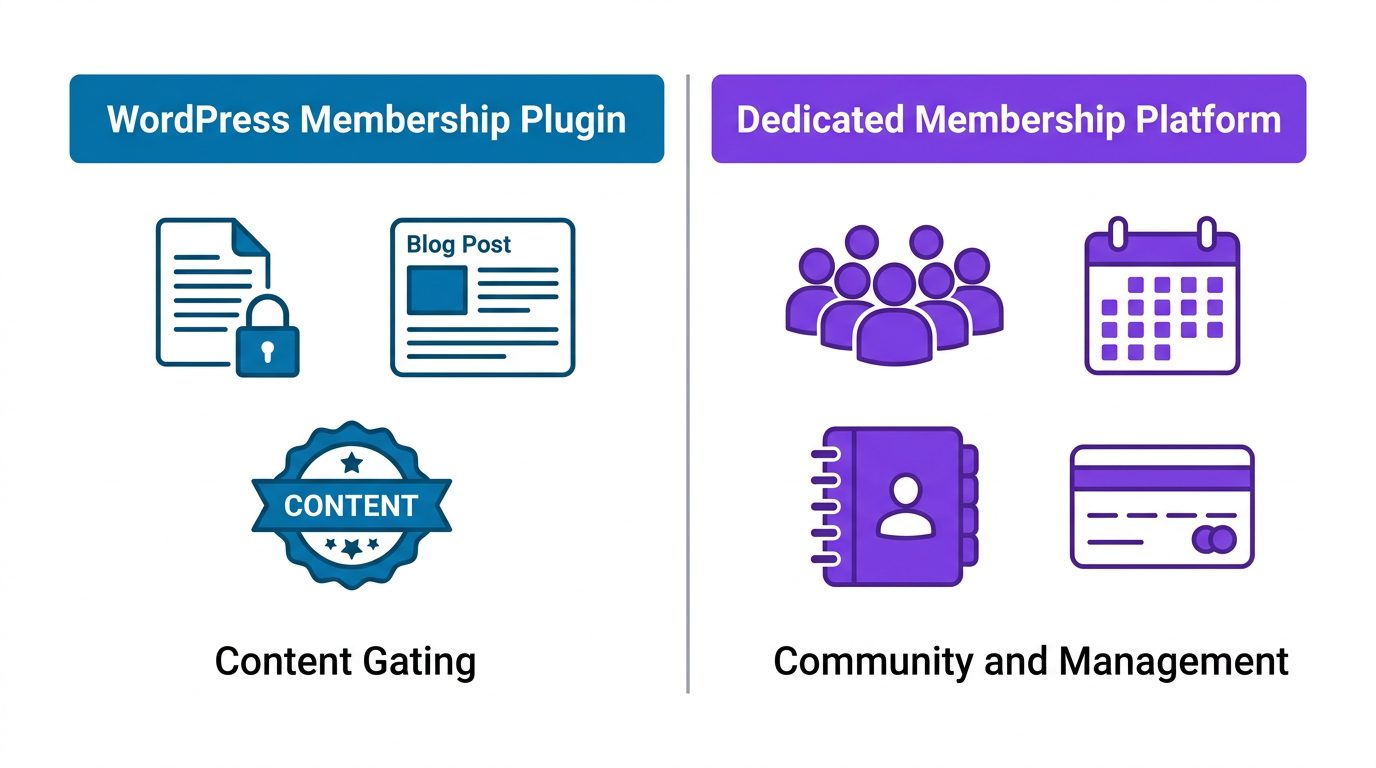 Side-by-side comparison: WordPress membership plugin focused on content gating versus a dedicated membership platform covering events, directory, and community management