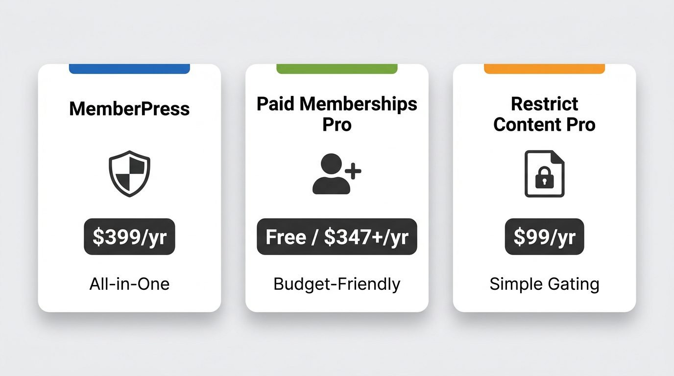 Comparison cards for MemberPress, Paid Memberships Pro, and Restrict Content Pro showing pricing and best-fit use case for each WordPress membership plugin