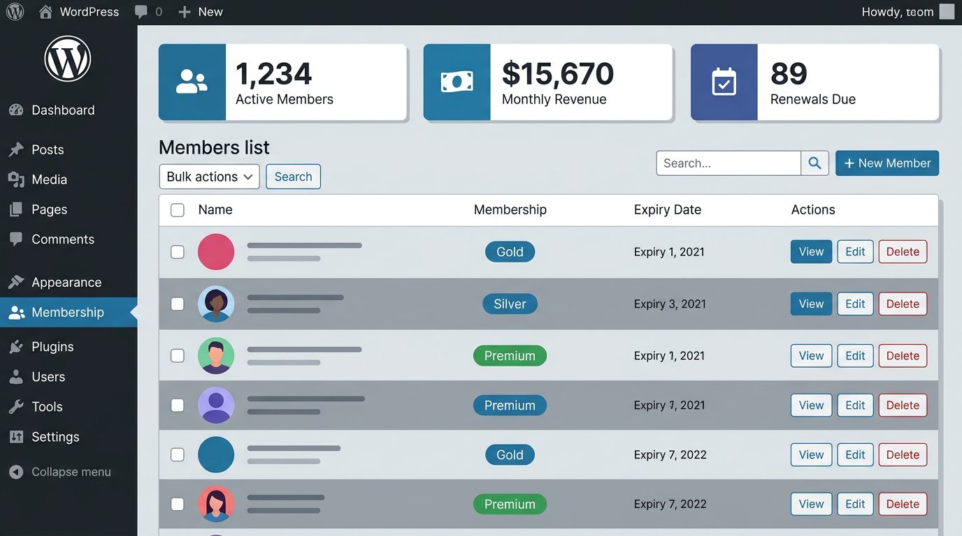 WordPress membership plugin admin dashboard showing member list with subscription tiers, access rules, and monthly revenue summary