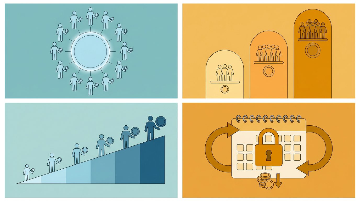 Infographic showing four membership dues pricing models: flat rate with equal members, tiered with ascending groups, sliding scale ramp, and multi-year calendar with lock