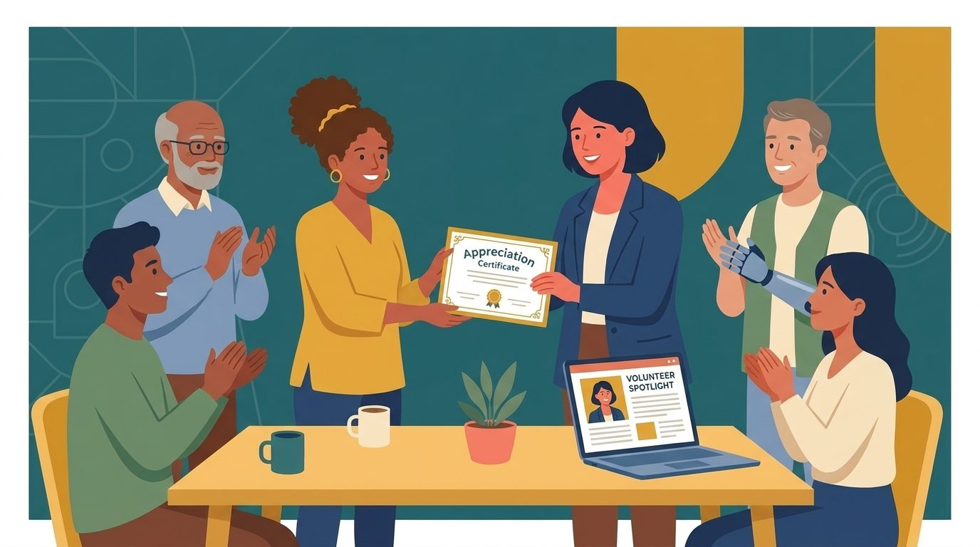 Nonprofit staff handing a volunteer appreciation certificate at a small team gathering