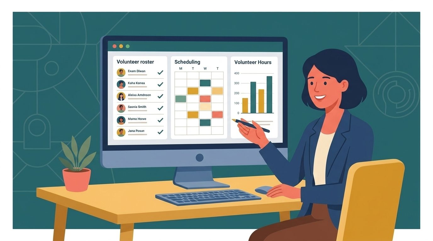 Clean volunteer management dashboard on a desktop screen in a nonprofit office